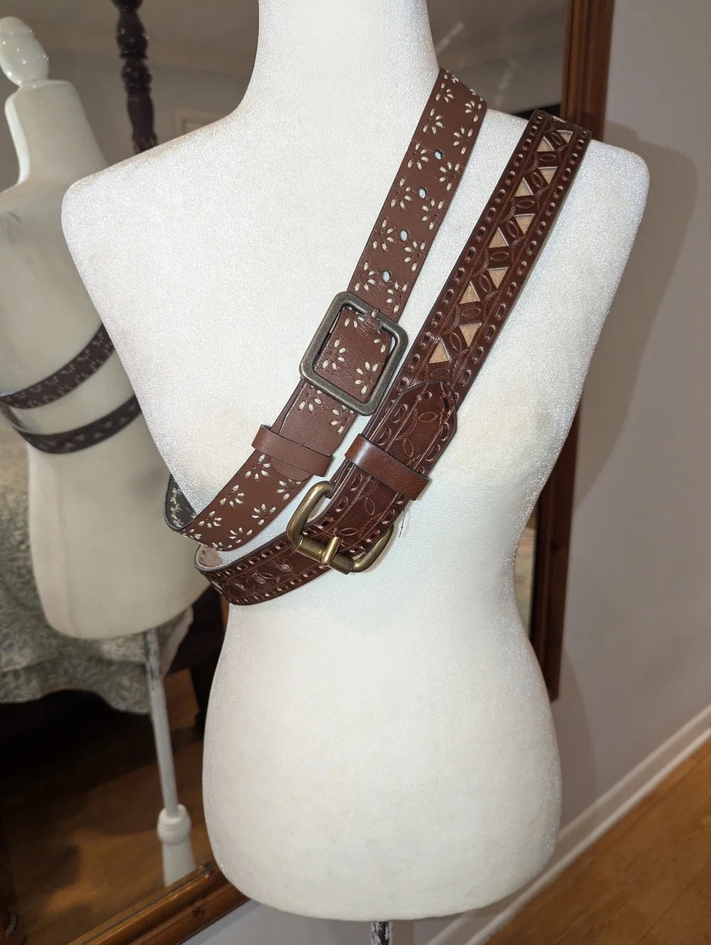 2 Brown Leather/Faux Leather Cutout Embroidered Belt with Decorative Buckle